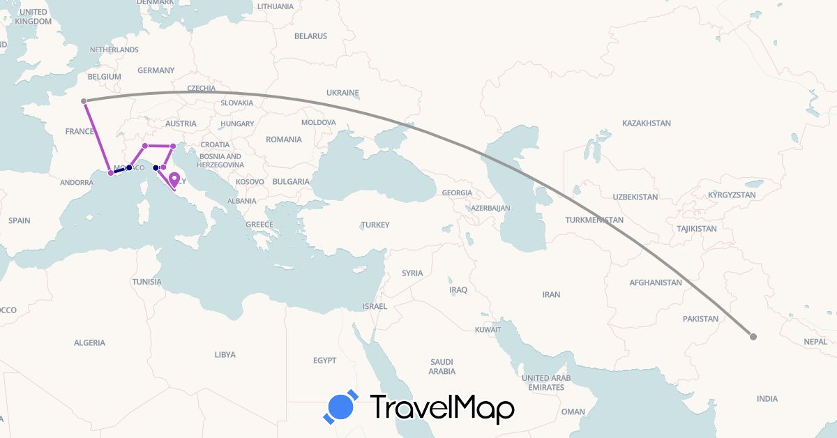 TravelMap itinerary: driving, plane, train in France, India, Italy, Monaco (Asia, Europe)